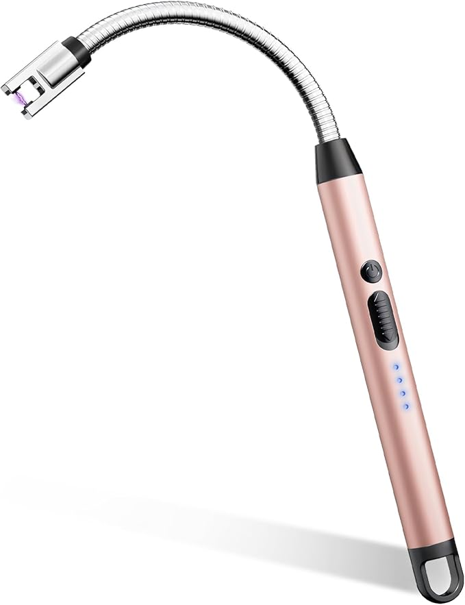 Electric Candle Lighter, Safty Lock, USB Type-C Port, Rechargeable Lighter, Windproof Flameless, Led Display, for Home Kitchen (Rose Gold)