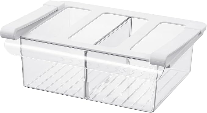 Pull-Out Fridge Drawer Organizer - Under Shelf Storage Bins for Refrigerator Organization for Fruits Vegetables, Cheese & Deli (3.35" Height x 8.66" Width" + dividers)