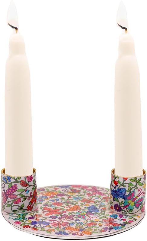 Yair Emanuel Flat Plate Candle Holders for Shabbat 4 Inch Vibrant Pattern Design Modern Judaica Gift (CSE-4 Butterflies)