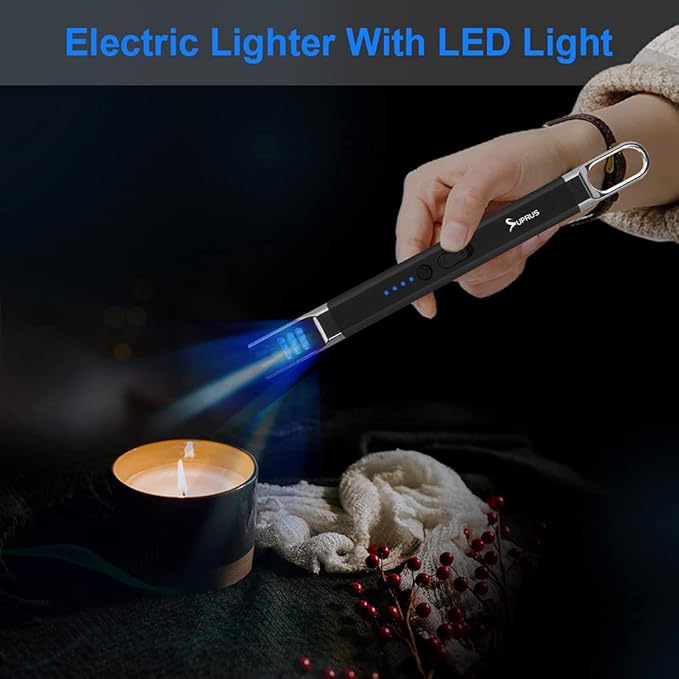 SUPRUS Candle Electric Arc Lighter Windproof Flameless USB Rechargeable Lighter with LED Light for Candle Camping BBQ Cooking (Black)