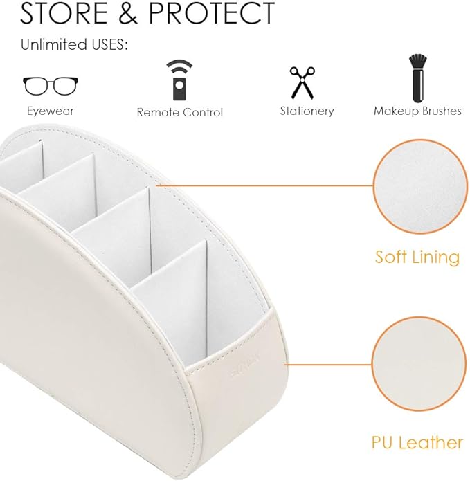 SITHON Remote Control Holder with 5 Compartments - PU Leather Remote Caddy Desktop Organizer Store TV, DVD, Blu-Ray, Media Player, Heater Controllers, Beige
