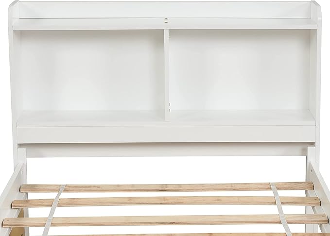 Harper & Bright Designs Twin Bed with Trundle, Twin Bed Frame with Bookcase Headboard, Wood Twin Platform Bed with Pull Out Trundle Bed for Kids Girls Boys,No Box Spring Needed,White