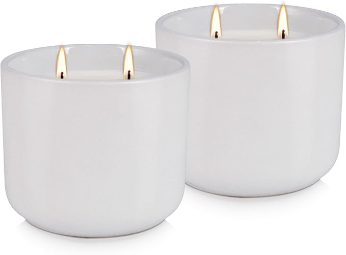 2-Pack Citronella Candles in White Ceramic Jars - 2 Cotton Wicks, Citronella Oil with Elegant White Pillar Design Perfect for Outside Patio, Camping & Garden, Summer Gifts for Indoor Home