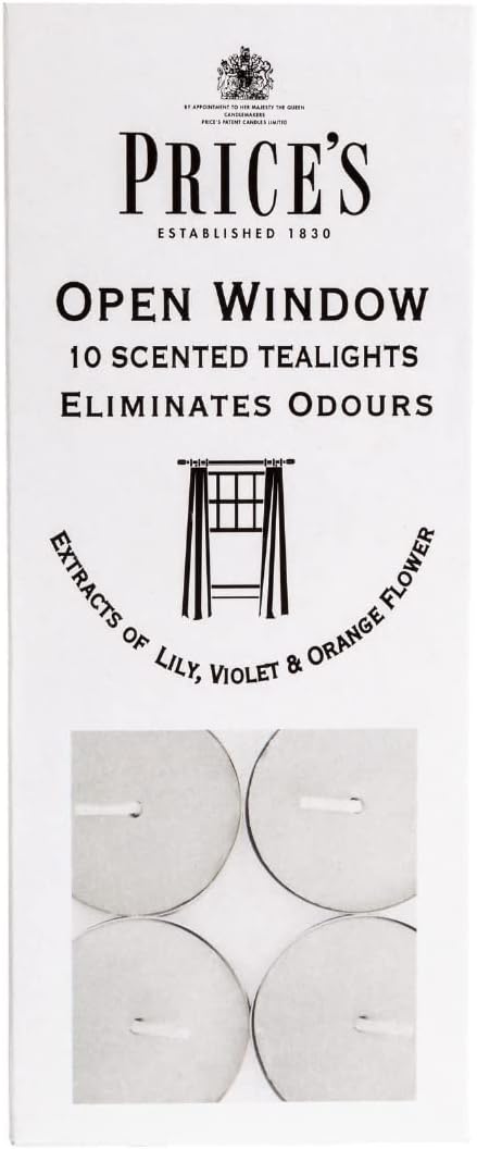Price's - Open Window Tealights - Pack of 10 - Odour Eliminating Tealights - Made with Lily, Violet and Orange Flower Extracts - Clean, Fresh, Quality Fragrance - Long Lasting Scent