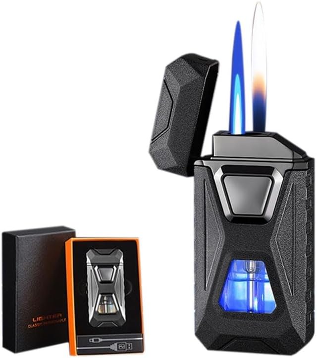 Voice Activated Windproof Dual Flame Lighter, USB Rechargeable Arc Lighter,Jet Flame and Soft Flame, Visible Transparent Window, Refillable Butane Lighter, Cool Lighters Gift for Men(Black)