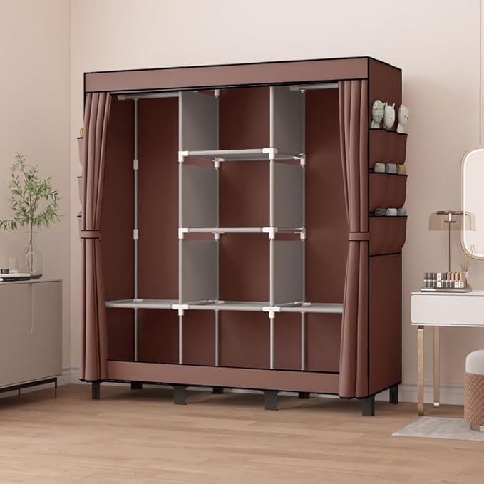 Portable Wardrobe, Easy Hanging Closet 6 Side Pockets Large Capacity Clothes Organizer Comes with 2 Hanging Poles and Storage Shelves, Width 130cm, Depth 45cm, Height 172cm (Coffee)