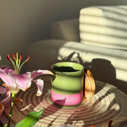 Bohemian Rose Scented Candle - Fresh Rose Magnolia Patchouli - Natural Coconut Wax - Long-Lasting Eco-Friendly Non-Toxic Aroma for Home Office Relaxation Gifting Décor (13 oz. with Bamboo Lid)