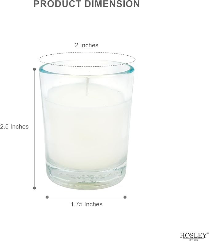 Hosley Set of 12 White Unscented Clear Glass Wax Votive Filled Candles. Hand Poured Vegetable Soy Wax Blend Up to 15 Hour Burn Time. Ideal Gift or Use for Weddings Aromatherapy Party Favor O3