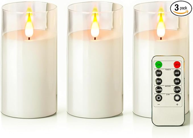 NICEME Flickering Flameless Candles with Remote Control Timer Unbreakable Acrylic Battery Operated LED Candles with Flickering Flame 3D Wick for Romantic Ambience Home Decor Set of 3, D3” xH6”