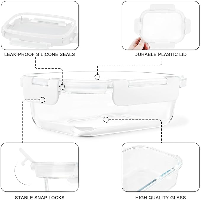 KAMOTA Glass Food Storage Containers, 10 Pack Glass Meal Prep Containers, Airtight Containers with Snap-Lock Lids, 22 oz White Container Set with Lids, for Microwave/Oven/Freezer/Dishwasher