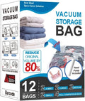 12 Pack Vacuum Storage Bags, Space Saver Vacuum Storage Bags, Vacuum Seal Bags for Clothing, Clothes, Comforters and Blankets, Hand Pump Included