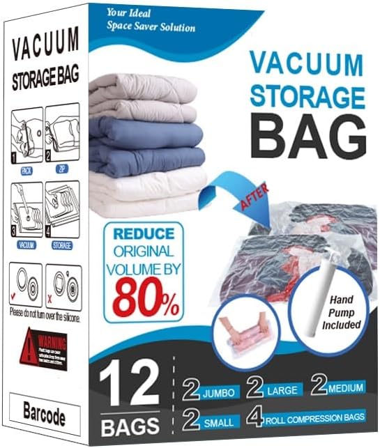 12 Pack Vacuum Storage Bags, Space Saver Vacuum Storage Bags, Vacuum Seal Bags for Clothing, Clothes, Comforters and Blankets, Hand Pump Included