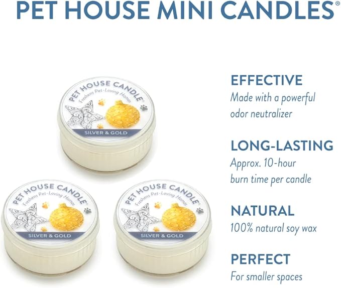 Pet House Mini Candles for Pet Odor Made with Natural Soy Wax, Plant Based, Dog and Cat Friendly Scented, Silver & Gold Pack of 3