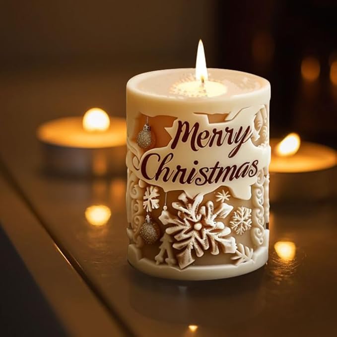 3D Relief Cylinder Christmas Candle Molds, Merry Christmas Letter Silicone Molds for Candle Making, Snowflake Aromatherapy Soap Molds Resin Casting Molds Gummy Molds for DIY Home Decoration Supplies
