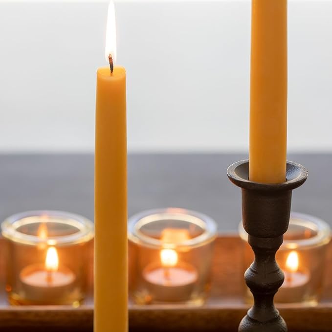 Bluecorn Beeswax Taper Candles, 100% Pure Natural Bees Wax, Pair of 8 Inch Yellow Tapered Candlesticks, Clean Burning & Dripless, Fragrance Free, Long Lasting, Home Decor, American Made, 1 Count