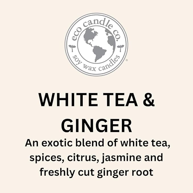 ECO CANDLE CO. Mason Jar Candle, White Tea & Ginger, 8 oz. - Scents of White Tea, Spices, Citrus, Jasmine, & Ginger - 100% Soy Wax, No Lead, Kraft Label & Antiqued Pewter Lid, Hand Made