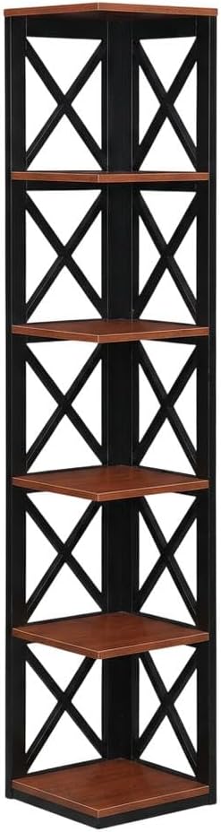 Furnifact Cherry Black 5-Tier Corner Bookcase with Multiple Shelves, Durable Non Lead Base Paint Finish, Space-Saving Design for Home and Office Storage