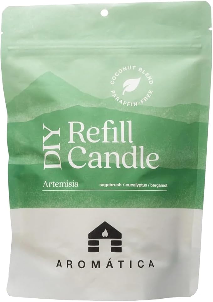 Bluecorn Aromática Artemisa Scented Candle Refill Kit – Green Sage, Eucalyptus & Bergamot | Clean-Burning Coconut Wax | Non-Toxic Fragrance | 100% Compostable Pouch | DIY Candle Refill | Made in USA