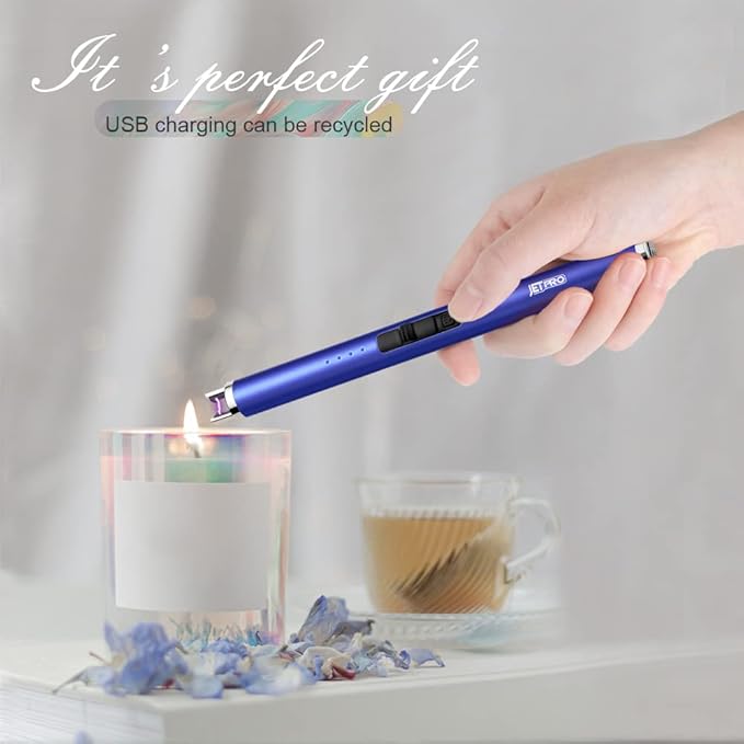 USB Rechargeable Candle Lighter Electronic Arc Lighter Windproof Flameless with Safety Button for Camping Cooking BBQ (Dark Blue)