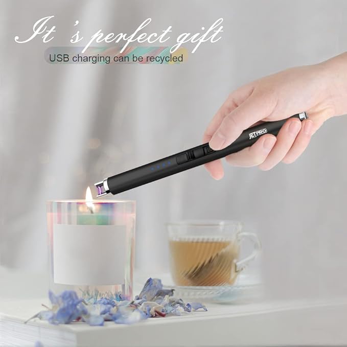 USB Rechargeable Candle Lighter Electronic Arc Lighter Windproof Flameless with Safety Button for Camping Cooking BBQ (Black)
