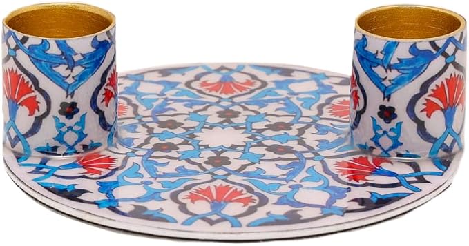 Yair Emanuel Flat Plate Candle Holders for Shabbat 4 Inch Vibrant Pattern Design Modern Judaica Gift (CSE-8 Tile Pattern)