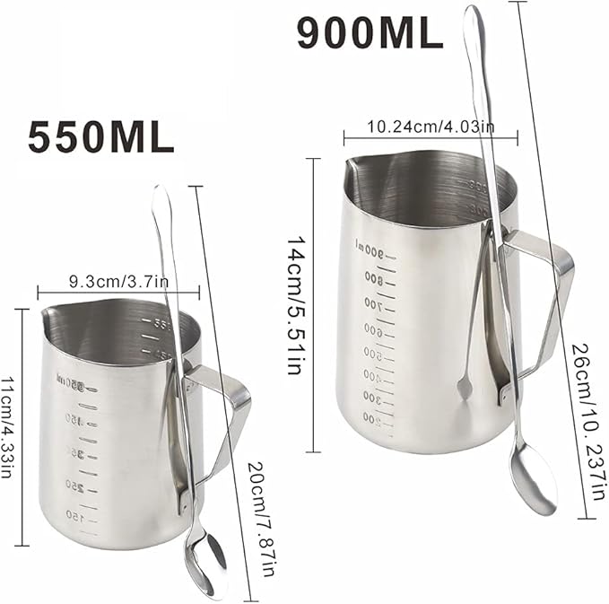 2PCS Candle Making Pouring Pot With Long Spoons, Wax Melting Measuring Cups, Stainless Steel Pitcher With Dripless Spout (600ml, 900ml)