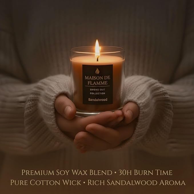 Smoke Odor Eliminating Candle – Sandalwood Soy Wax Candle for Kitchen, Apartment & Home Smells, Long Lasting Odor Neutralizing Scented Candle, 150g / 5.3 oz – Maison De Flamme