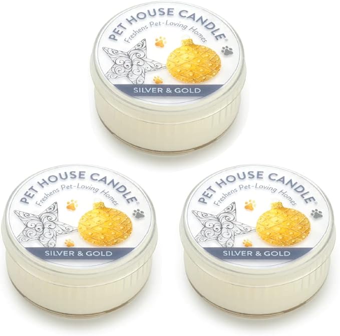 Pet House Mini Candles for Pet Odor Made with Natural Soy Wax, Plant Based, Dog and Cat Friendly Scented, Silver & Gold Pack of 3