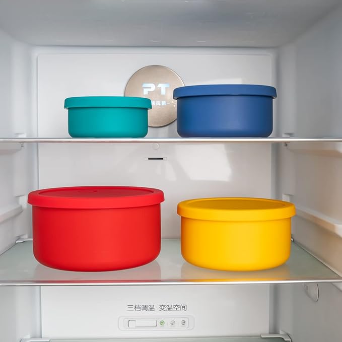 KSENDALO Silicone Food Storage Containers with Lids 4-Piece Set, Airtight Food Storage Containers 400mL-2.1L Stackable Bento Boxes for Meal Prep, Fruit & Food Storage Bowls, Multicolor