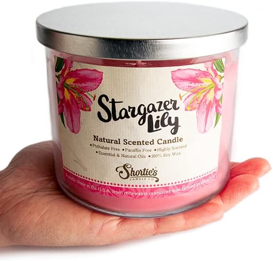 Stargazer Lily Highly Scented Natural 3 Wick Candle, Essential Fragrance Oils, 100% Soy, Phthalate & Paraben Free, Clean Burning, 14.5 Oz.