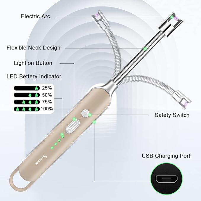 SUPRUS Electric Rechargeable Arc Lighter with LED Battery Display Long Flexible Neck USB Lighter for Candle Cooking (Champagne)