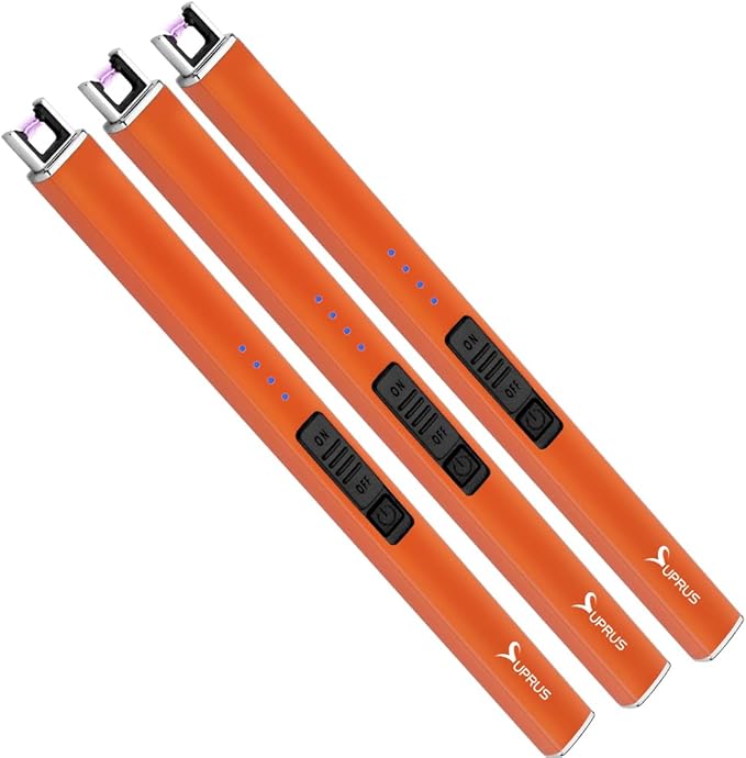SUPRUS Fluorescent Glows in The Dark Electric Candle Lighter Rechargeable USB Arc lighters with Safety Lock Windproof Flameless Plasma for Candle BBQ Camping (Orange, 3)