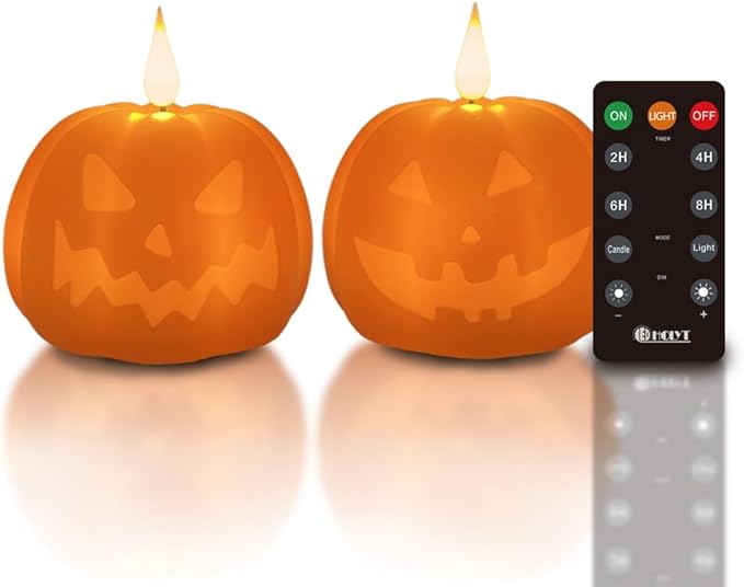Rechargeable Flameless Candle, Flameless Pumpkin Candle with Timer & Remote,LED Real Wax Pumpkin LED Candles,Halloween Decorations, 1 Set of 2