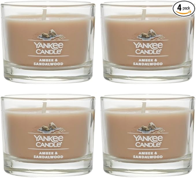 Yankee Candle Signature Votive Mini Candle Jar, Amber & Sandalwood Scent, Natural Soy Wax Blend Candle with Natural Fiber Wick, 1.3 OZ Glass Jar (Pack of 4)
