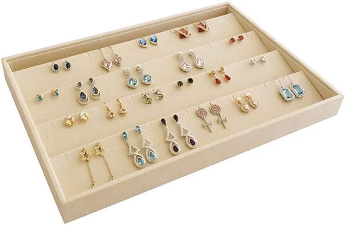 Premium Grade Beige Velvet Jewelry Organize Display Tray for Earrings Stackable Storage Neutral Color Store Trade Show Gallery Home Use Drawer Divider