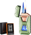 Voice Activated Windproof Dual Flame Lighter, USB Rechargeable Arc Lighter,Jet Flame and Soft Flame, Visible Transparent Window, Refillable Butane Lighter, Cool Lighters Gift for Men(Green)