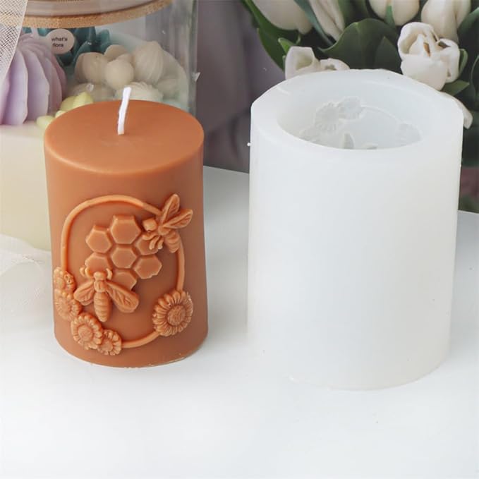 Bee Honeycomb Flower Cylinder Candle Mold, Honeybee Beehive Pillar Silicone Mold for Beeswax Candle, Soy Wax Candle, Plaster Ornament, DIY Crafts (D)