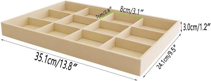 Large Stackable Jewelry Display Tray Case Organizer Premium Velvet Soft Light Beige Home Store Sales Shows (12 Grid)