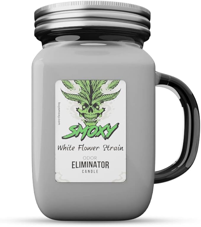 Smoxy Smoke Odor Eliminator Candle - Scented Candle for Home - Indoor Space Deodorizer & Air Freshener with Fragrance Pet Smell - Natural Palm Wax - Glass Mason Jar, 13oz. (White Flower)