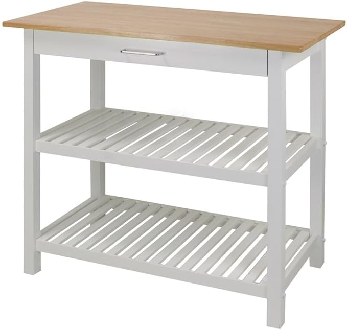 Solid Wood Kitchen Island with Drawer, 2 Open Shelves, White Base and Natural Top, Island Table for Kitchen Storage and Food Prep