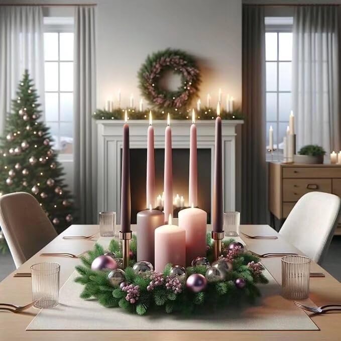 12-Inch Tall Dripless Advent Candles Set of 4, Tapered Candles, Perfect for Christmas - Smokeless, Unscented, Long Burning - Hand Poured, Colored Tall Candlesticks - Pink and Purple