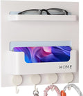 Updated Bedside Shelf Wall Mount Phone Holder Organizer Stick On Adhesive Damage Free Hanging Strips 4 Hooks Teenager Dorm Room Essentials Decoration Gasses Remotes Keys Snacks (White)