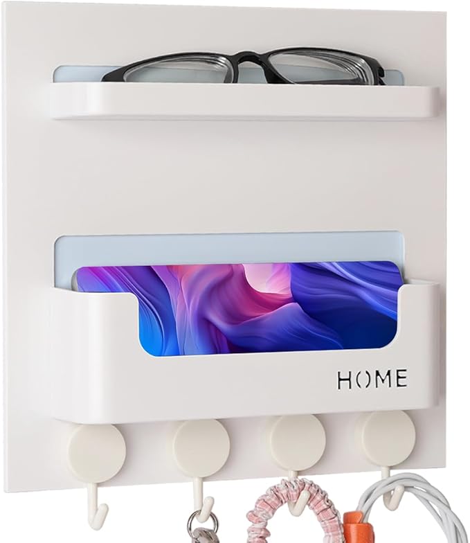 Updated Bedside Shelf Wall Mount Phone Holder Organizer Stick On Adhesive Damage Free Hanging Strips 4 Hooks Teenager Dorm Room Essentials Decoration Gasses Remotes Keys Snacks (White)