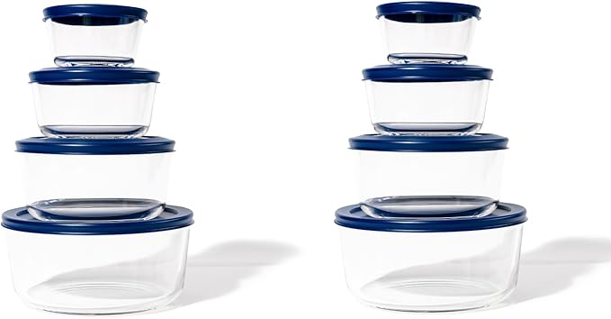 DURA LIVING 16-Piece Glass Food Storage Containers Set (8 Containers + 8 Lids) | Round, Nesting, Microwave & Dishwasher Safe | BPA-Free, Space-Saving | Blue Lids for Pantry & Kitchen Organization
