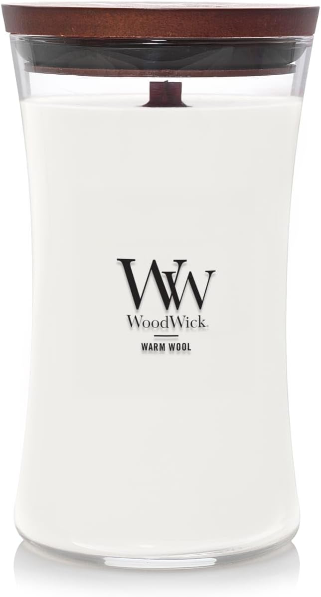 WoodWick Warm Wool Scented Hourglass Candle Large 21.5 oz with Crackling Pluswick Innovation Up to 130 Hours of Smooth Soy-Paraffin Blend Burn Time