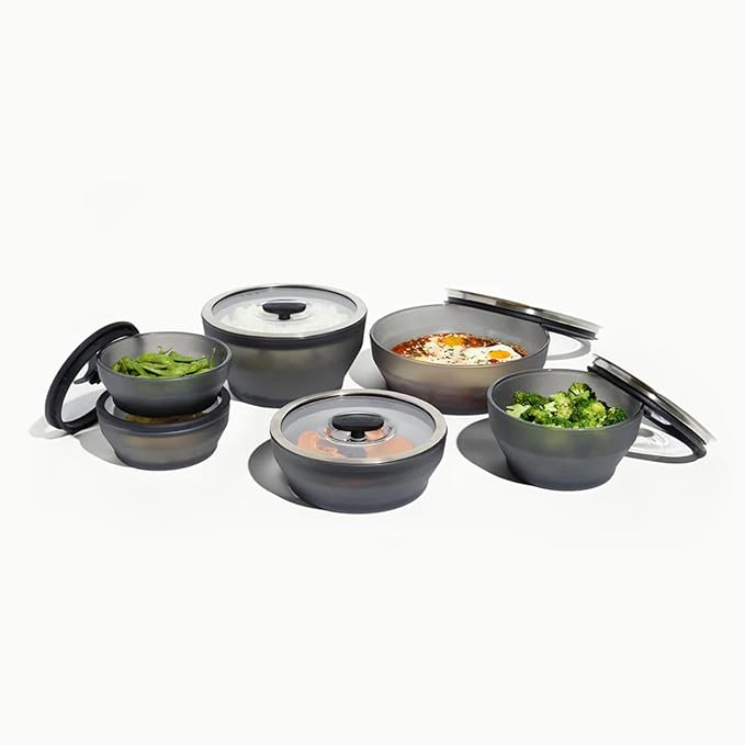 Anyday Onyx Collection 12-Piece Glass Food Storage with Glass Lids | Microwave Cookware Set & Plastic-Free Meal Prep | Stackable Airtight Storage Containers & Microwave Steamer with Vented Lid