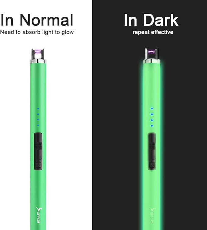 SUPRUS Fluorescent Lighter Glows in The Dark USB Lighter Rechargeable Windproof Pocket Size for Candle Cooking BBQ in Party (Green)