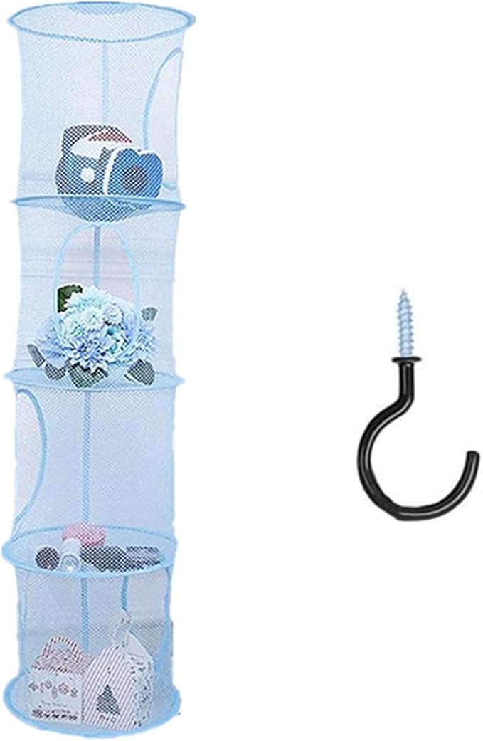 4 Tier Storage Organizer,43.5 x12 Inch Hanging Mesh Storage Basket with 2 Inch Screw-in Hooks,Folding Basket for Toys or Store Gloves,Shawls, Hats and Mittens, Attaches Easily to Any Rod (Blue)