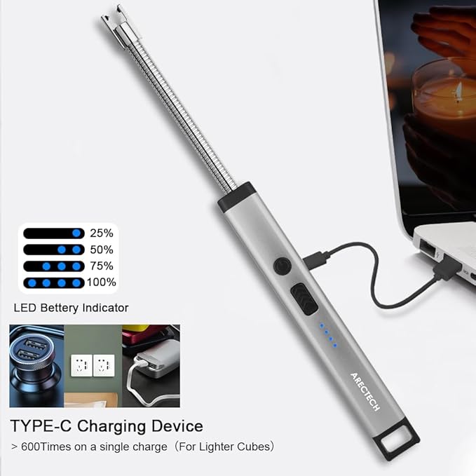 ARECTECH Candle Electric Lighter Rechargeable USB Arc Lighters for Candle Camping Fireworks Christmas Birthday Gifts with LED Light for Men Women Silver