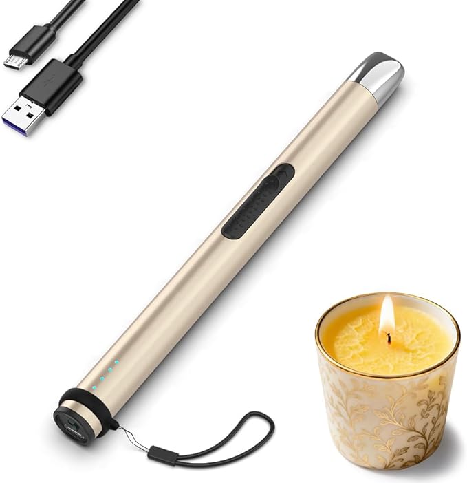 Candle Lighter, Electric Rechargeable USB Arc Windproof Flameless Plasma Lighter Long Stick with Rope and Ring, No Butane Fluid, Perfect for Candle BBQ Camping Kitchen Stove, Gold